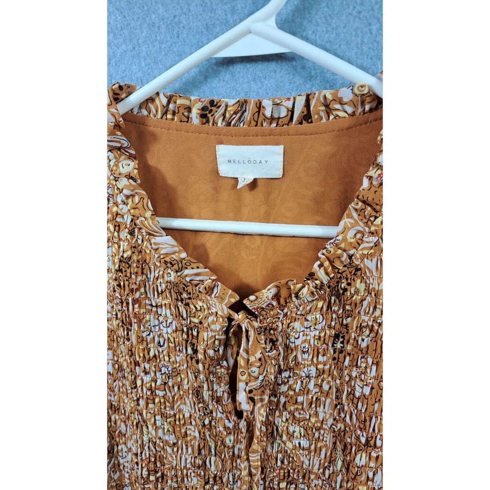 Melloday Blouse Women XL 40" Smocked Floral Peasant Elastic Sleeves Gold Sheer - Picture 9 of 15